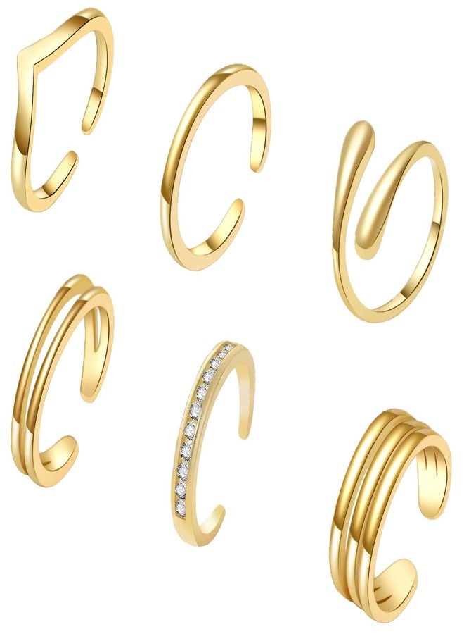CHTRYTOM 6PCS Toe Rings for Women 18K Gold Silver Toe Ring Set Adjustable Non Tarnish Band Simple Beach Foot Jewelry for Summer - Image 1